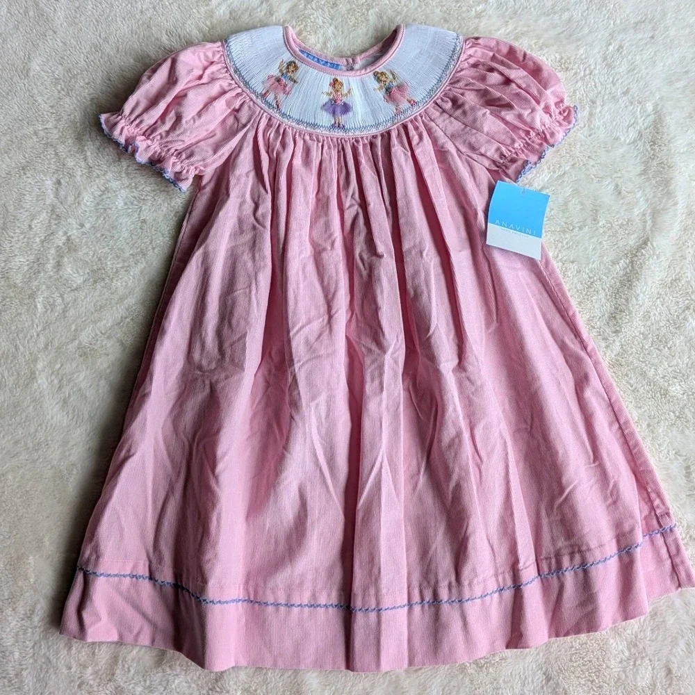 Anavini Girls Pink Corduroy Hand Smocked Ballerina Bishop Dress 4T NEW!